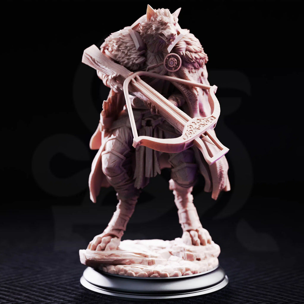 Front view of The Big Bad Wolf Hunter resin miniature, featuring a wolffolk monster hunter with a massive crossbow, claws, cloak, and armored fantasy gear.