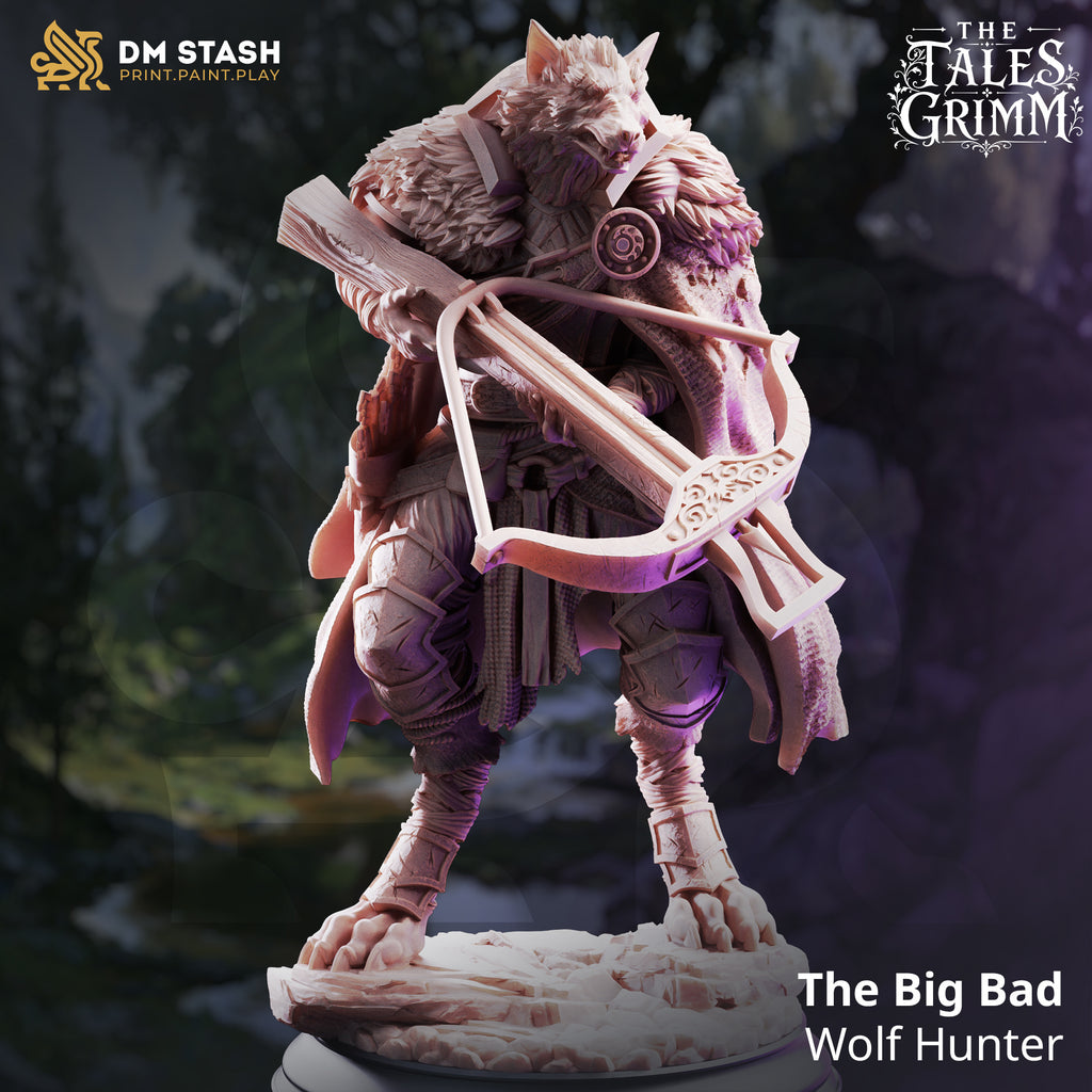 The Big Bad Wolf Hunter miniature by DM Stash, showing a wolf-headed fantasy ranger with a large crossbow, fur cloak, armor, and scenic woodland base.