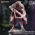 The Big Bad Wolf Hunter miniature by DM Stash, showing a wolf-headed fantasy ranger with a large crossbow, fur cloak, armor, and scenic woodland base.