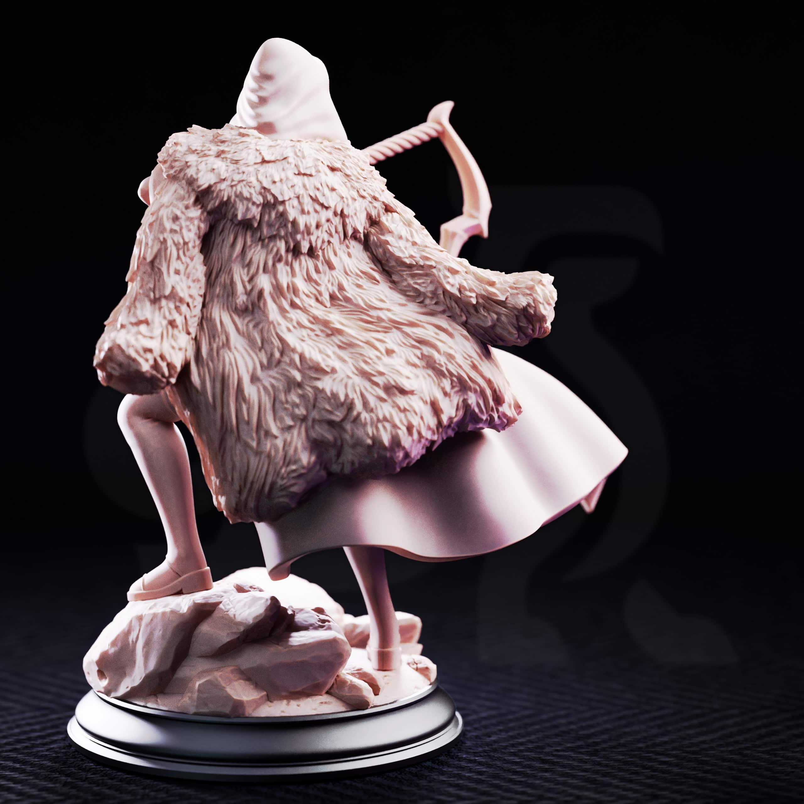 Rear view of The Crimson Hood by DM Stash, showing the textured fur cloak, hood, and scenic rocky base.