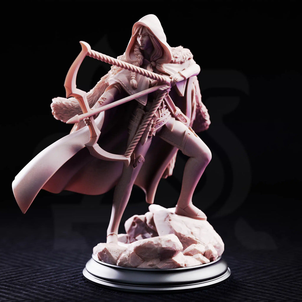 Front view of The Crimson Hood resin miniature, featuring a hooded woodland brigand with crossbow, sword, and dramatic fantasy pose.
