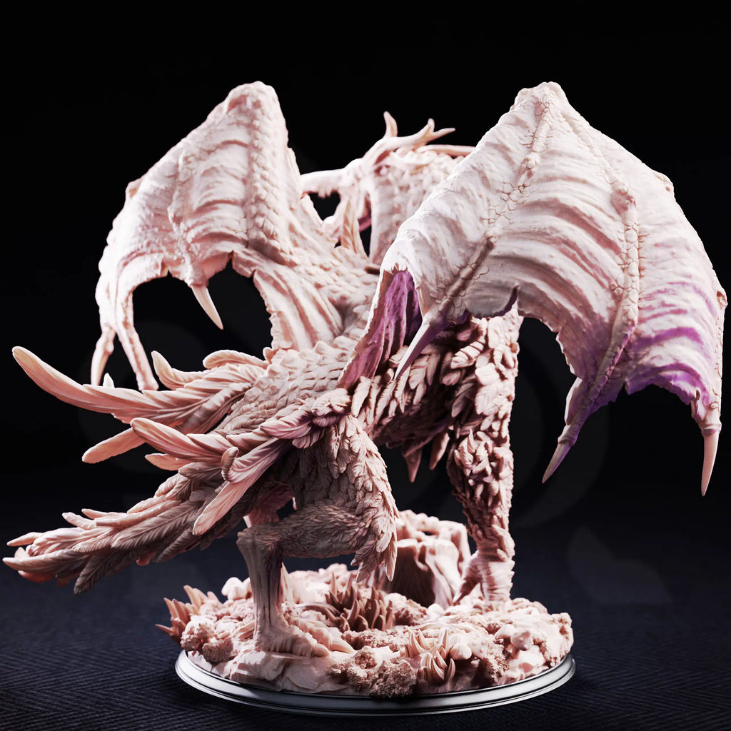 Rear view of The Jabberwock by DM Stash, showing the fantasy monster’s large wings, feathered tail, scaled body, clawed feet, and scenic base details.