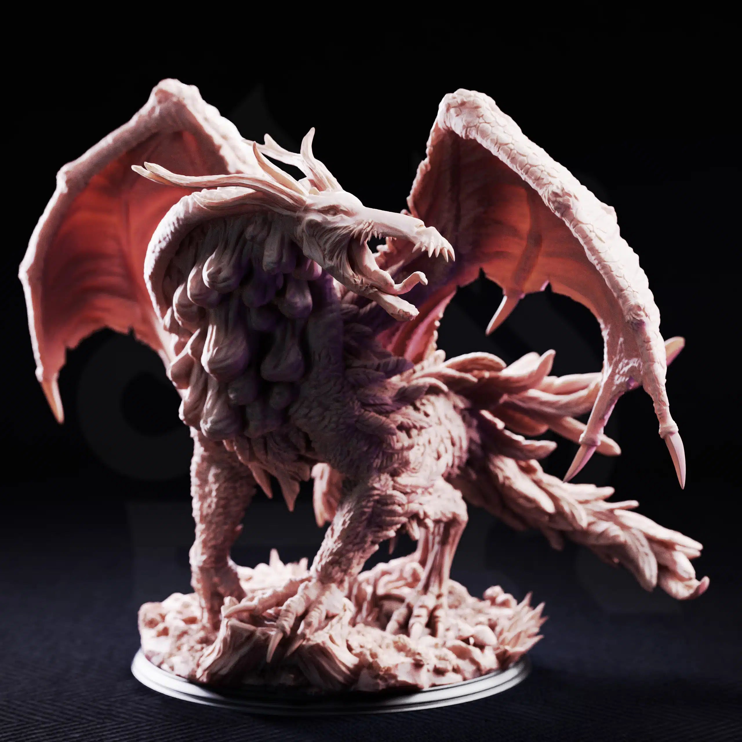 Front view of The Jabberwock Monster of the Tulgey Wood by DM Stash, showing a dragon-like fantasy beast with open beak, massive wings, claws, and forest base.