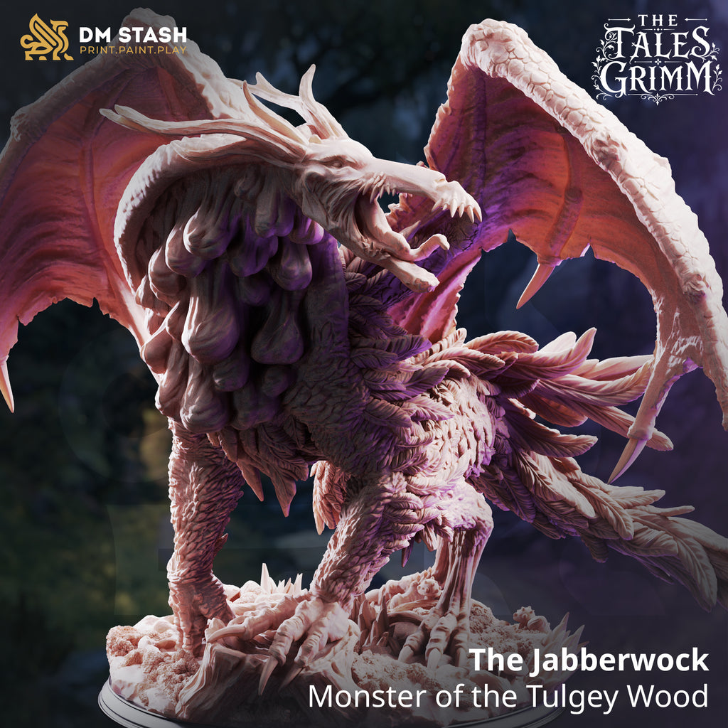 The Jabberwock Monster of the Tulgey Wood miniature by DM Stash, shown as a large winged fantasy monster with claws, beak, feathers, scales, and scenic forest base.