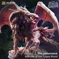 The Jabberwock Monster of the Tulgey Wood miniature by DM Stash, shown as a large winged fantasy monster with claws, beak, feathers, scales, and scenic forest base.