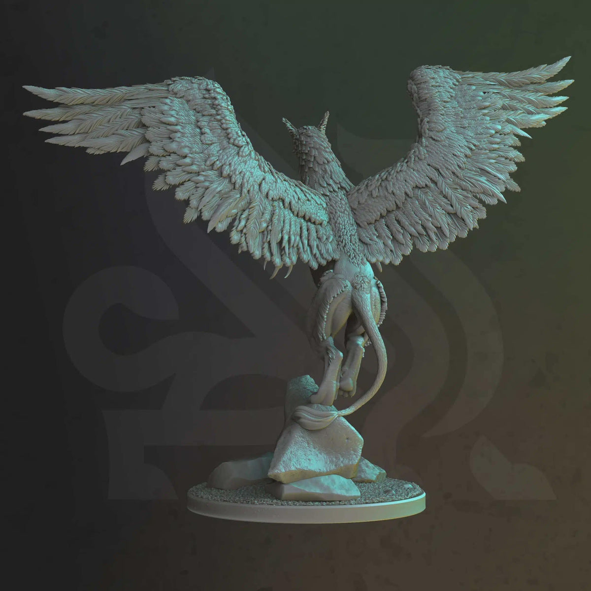 Rear view of Thyralmir, monstrous fantasy griffin miniature from the Knights of the Golden Griffins collection.