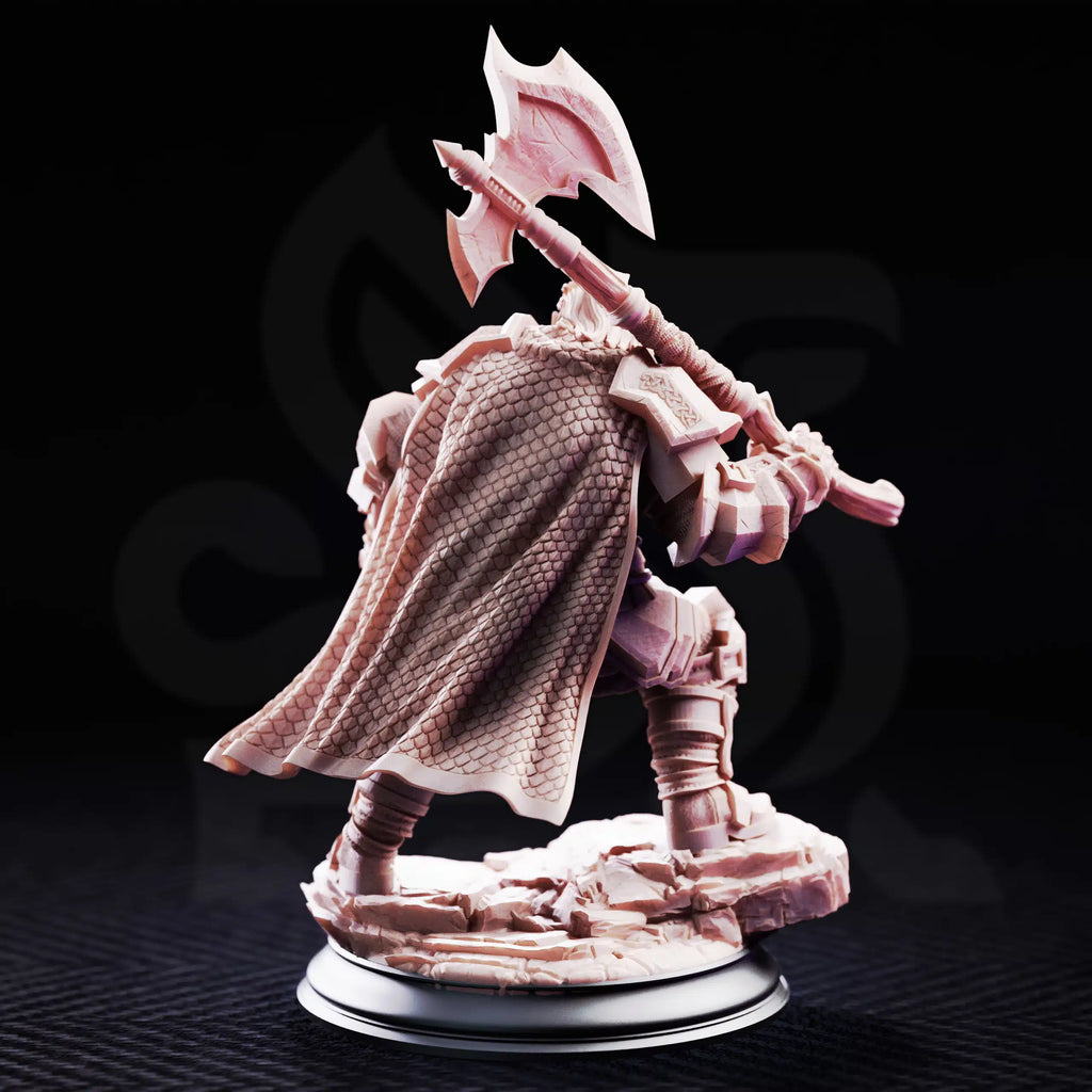 Rear view of Took the Dwarven Axeman miniature, showing the textured cape, heavy armor, and large axe.