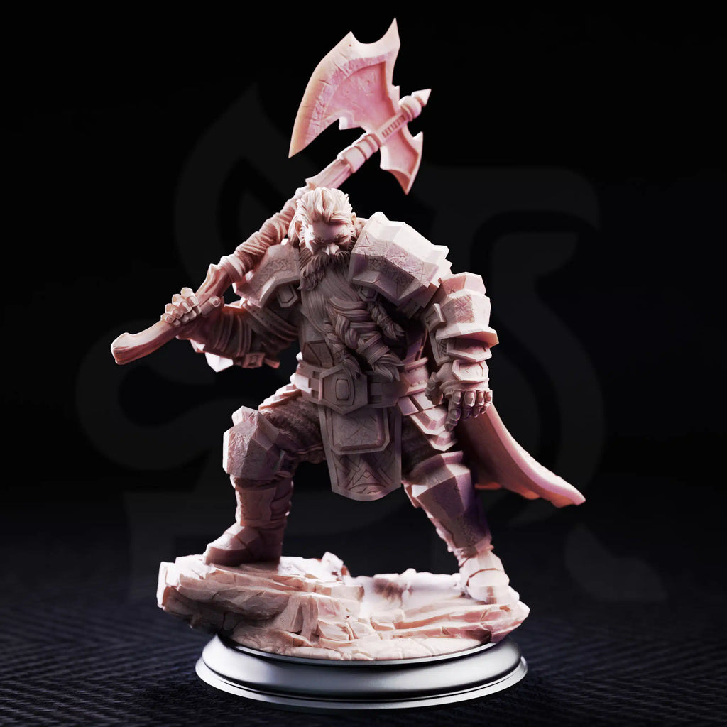 Front view of Took by DM Stash, featuring a heavily armored dwarf fighter with braided beard, two-handed axe, and scenic base.