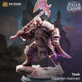 Took Dwarven Axeman miniature by DM Stash, showing an armored dwarf warrior carrying a large double-bladed axe on a rocky base.