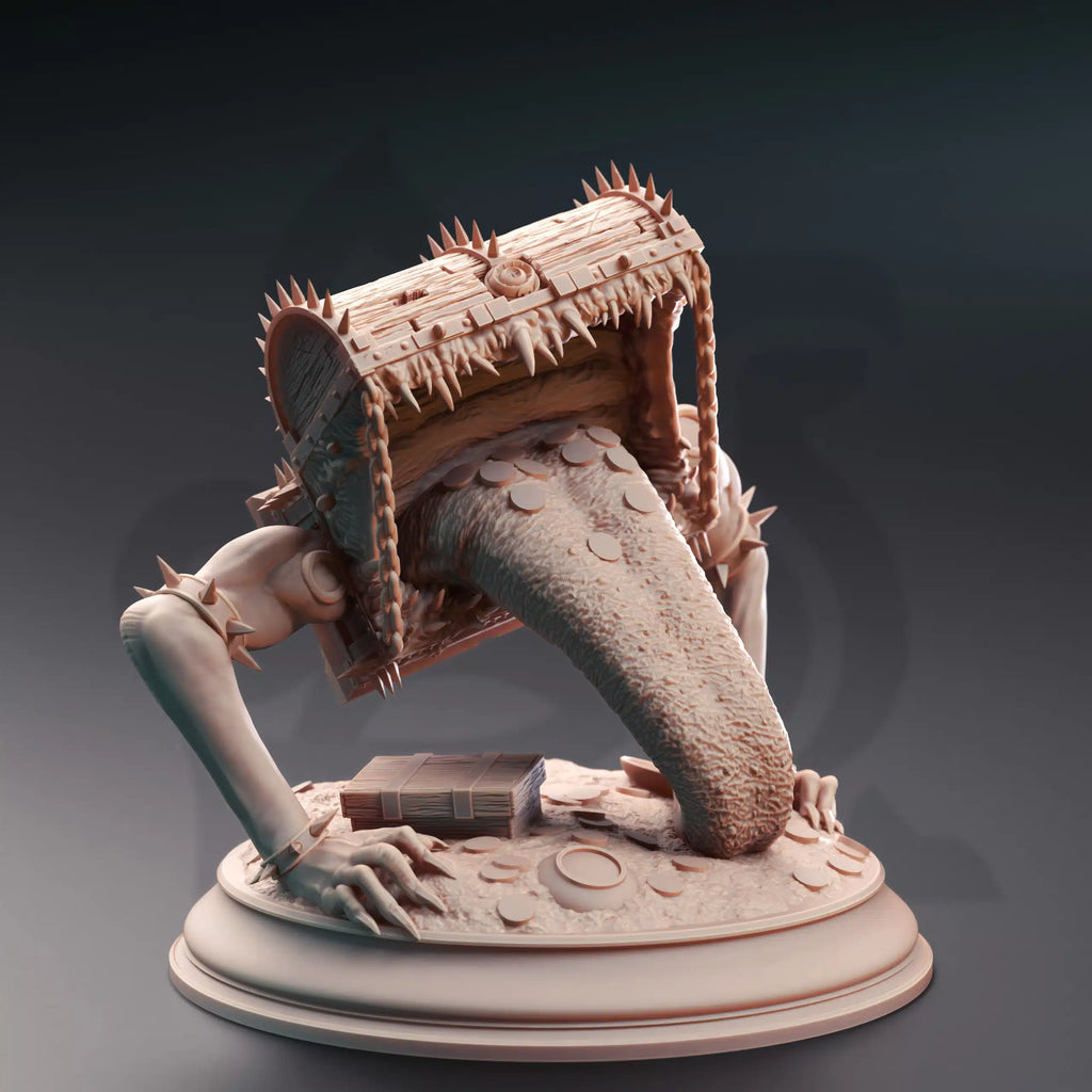 Treasure Mimic chest monster miniature with teeth tongue claws and coins front view