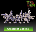 Greatcoat Goblin miniatures by Trollet Miniatures wearing helmets and long coats, shown with assorted sci-fi weapons.