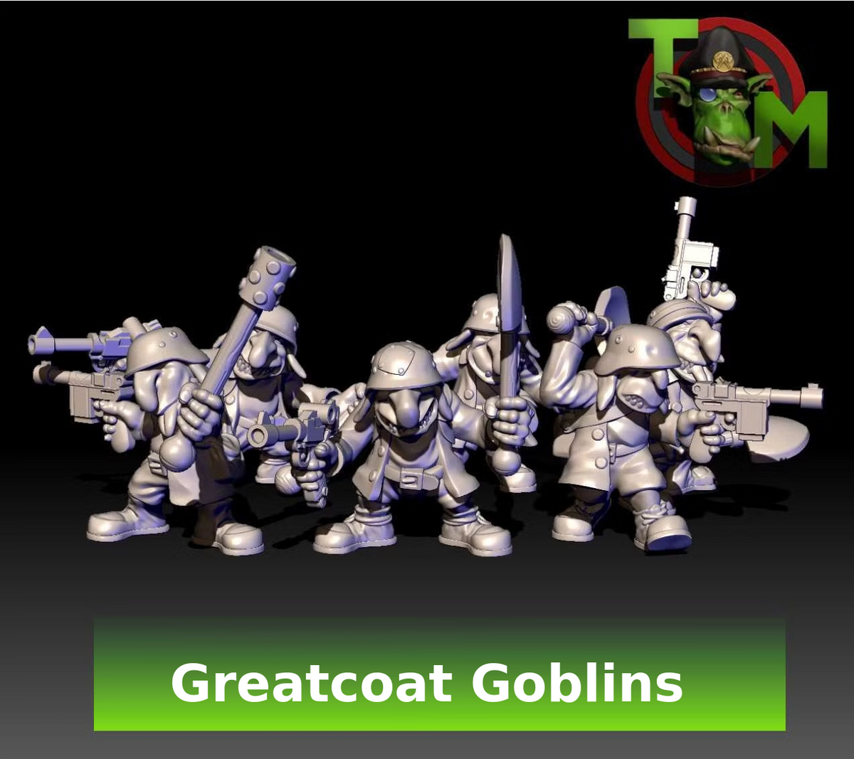 Greatcoat Goblin miniatures by Trollet Miniatures wearing helmets and long coats, shown with assorted sci-fi weapons.