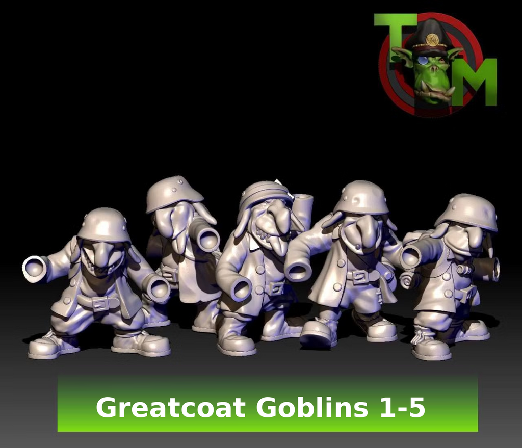 First five Greatcoat Goblin resin miniature sculpts by Trollet Miniatures, shown before weapon assembly.