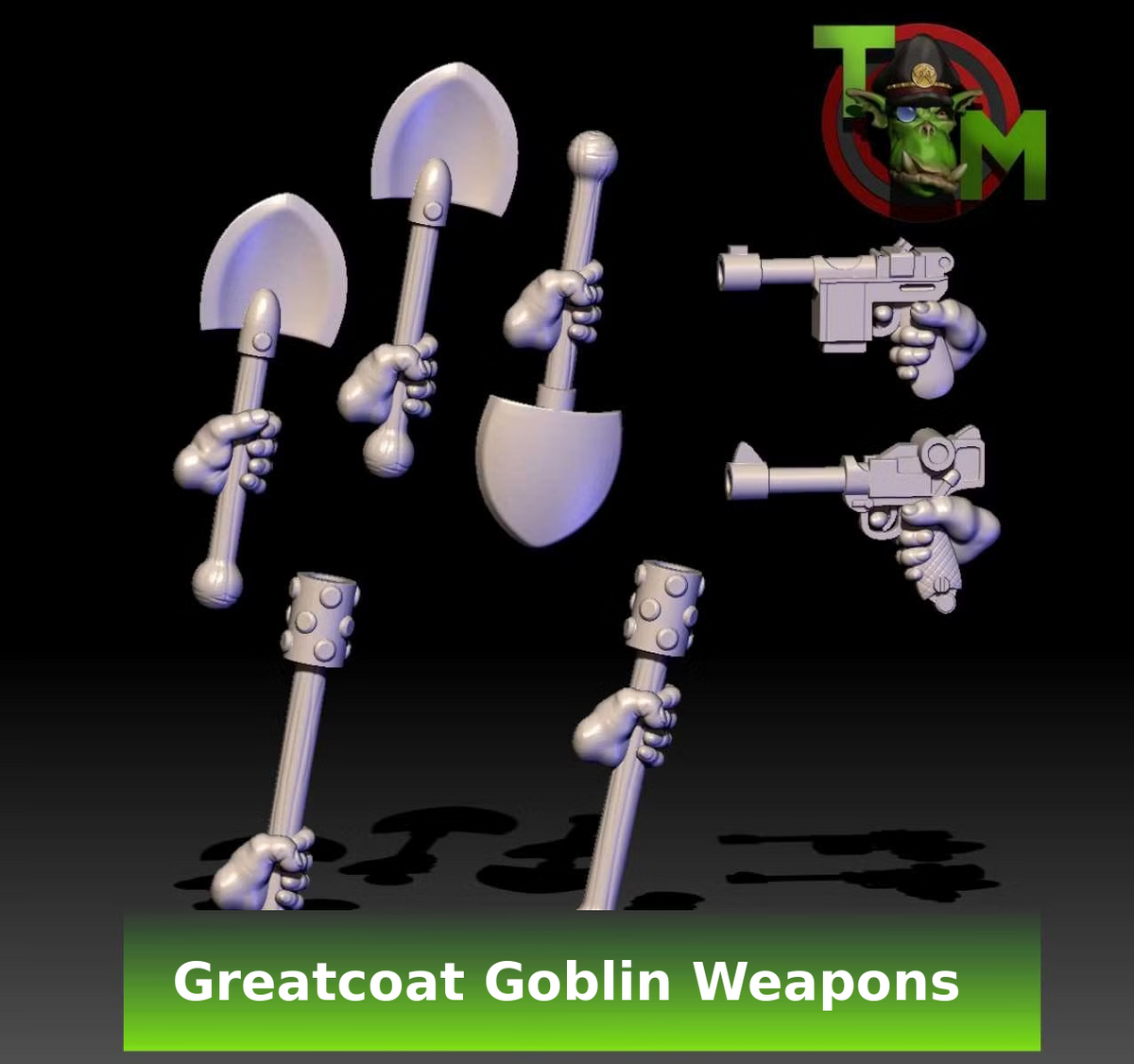 Greatcoat Goblin weapon and arm options by Trollet Miniatures, including firearms, shovels, and clubs.