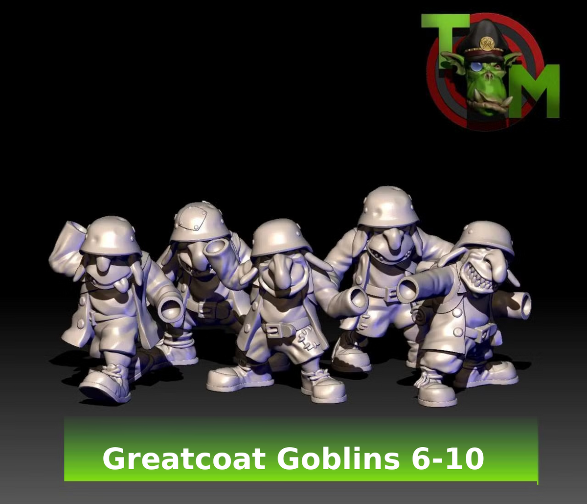 Second five Greatcoat Goblin resin miniature sculpts by Trollet Miniatures, shown before weapon assembly.