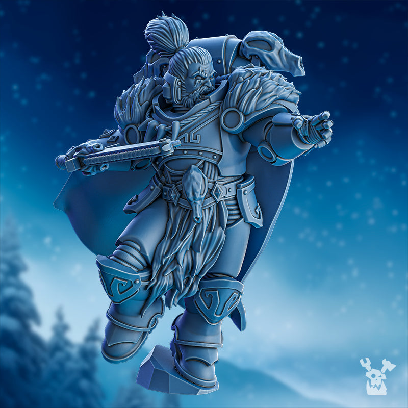 Turr Wolf Jaw StormBringers 2 miniature by DakkaDakka, shown as a fantasy resin warrior with heavy armor, fur cloak, long blade, wolf details, and dynamic action pose.