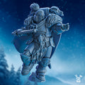 Turr Wolf Jaw StormBringers 2 miniature by DakkaDakka, shown as a fantasy resin warrior with heavy armor, fur cloak, long blade, wolf details, and dynamic action pose.