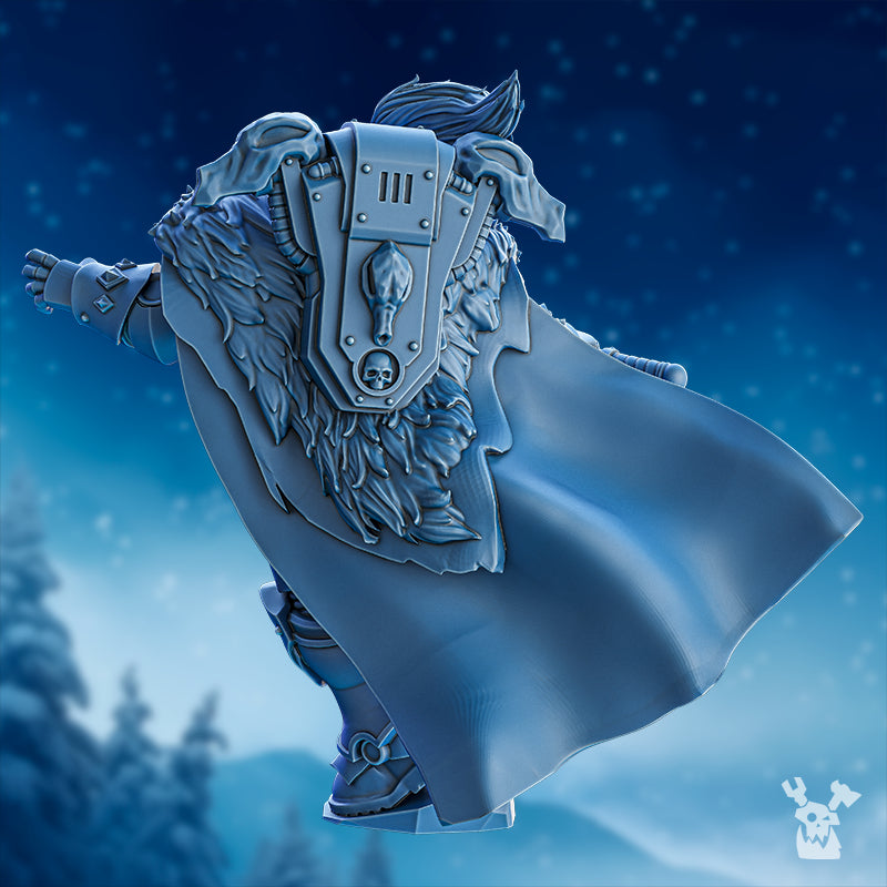 Rear view of Turr Wolf Jaw by DakkaDakka, showing flowing cloak, fur cape detail, wolf skull accents, heavy armor, and StormBringers 2 character design.