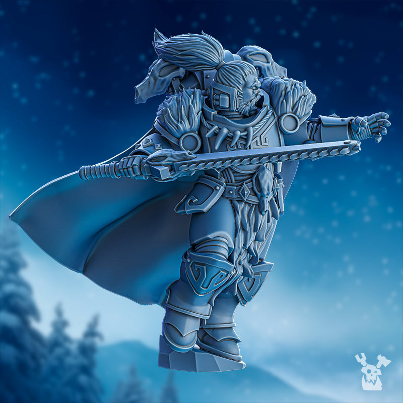 Side view of Turr Wolf Jaw by DakkaDakka, showing the sweeping cloak, long blade, fur-lined armor, wolf trophy details, and northern warrior styling.