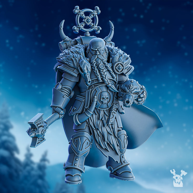 Ulfrik Thunder Voice Stormbringer miniature by DakkaDakka, shown from the front with heavy armor, fur cloak, axe, braided beard, skull details, and northern warlord styling.