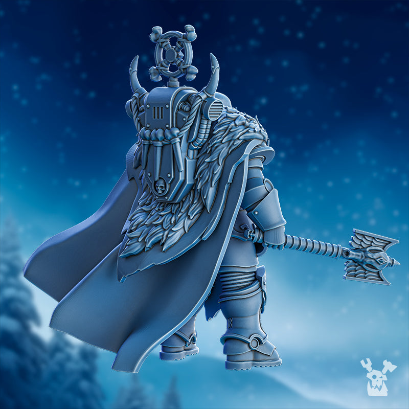 Rear view of Ulfrik Thunder by DakkaDakka, showing flowing cloak, fur-lined armor, axe, backpack details, and Stormbringer character design.