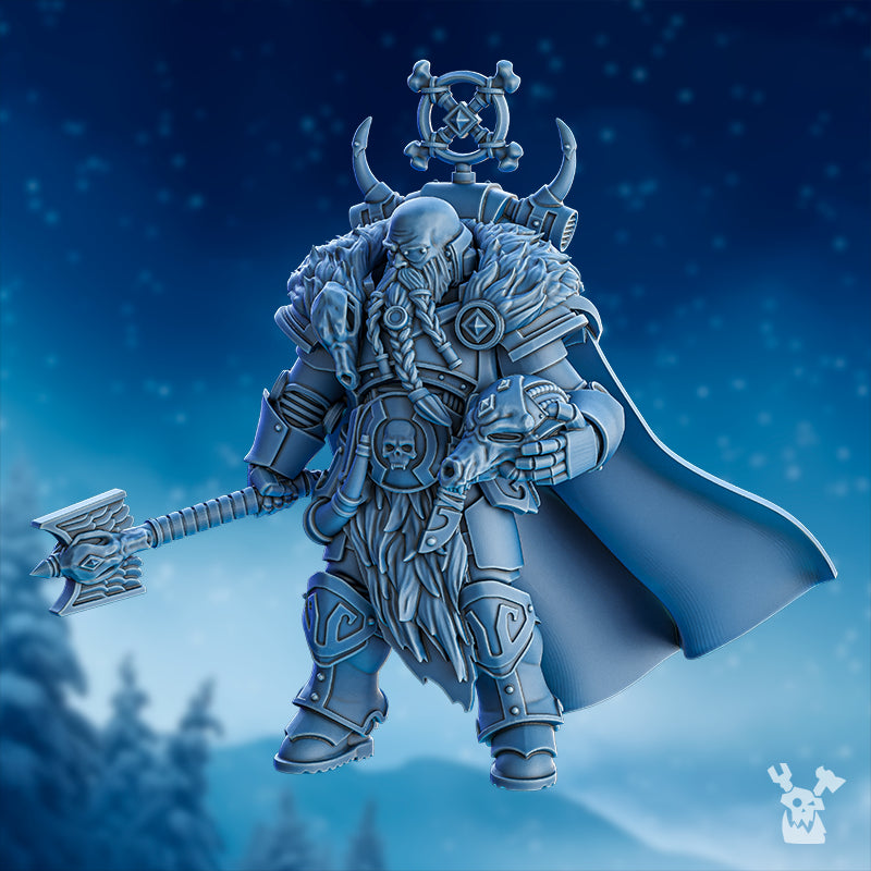 Side view of Ulfrik Thunder by DakkaDakka, showing cloak movement, fur armor, axe, trophy details, and fantasy character sculpting.