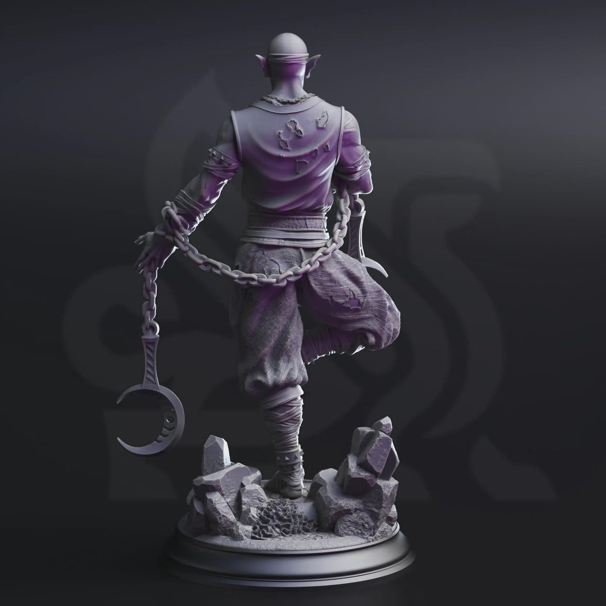 Rear view of Uxas the Reborn miniature, showing layered clothing, chains, and scenic base.