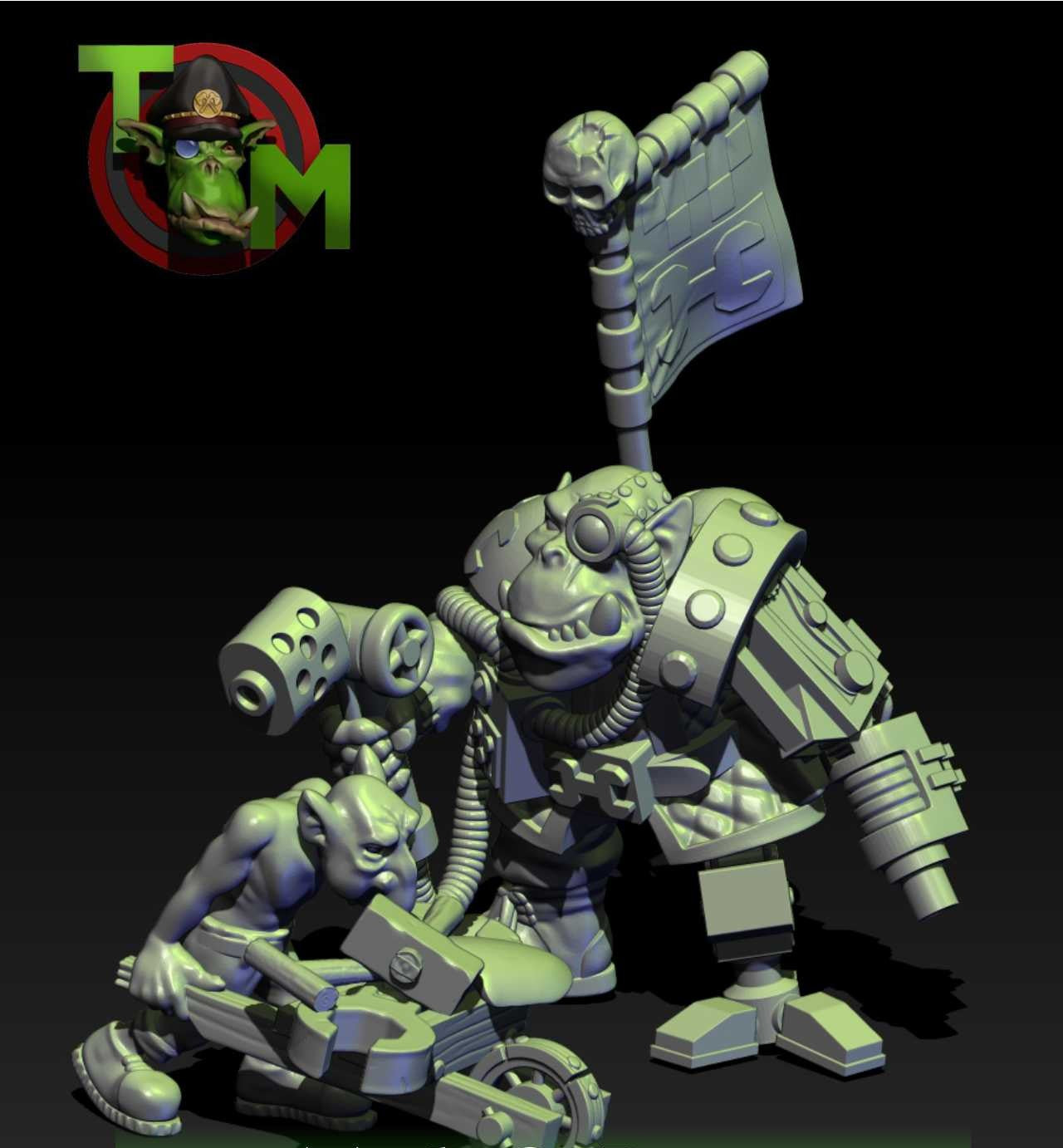 Guttertech Scrap Engineer & Helper by Trollet Miniatures, showing a sci-fi orc mechanic with heavy scrap-tech gear, banner, claw arm, and small goblin helper carrying tools.