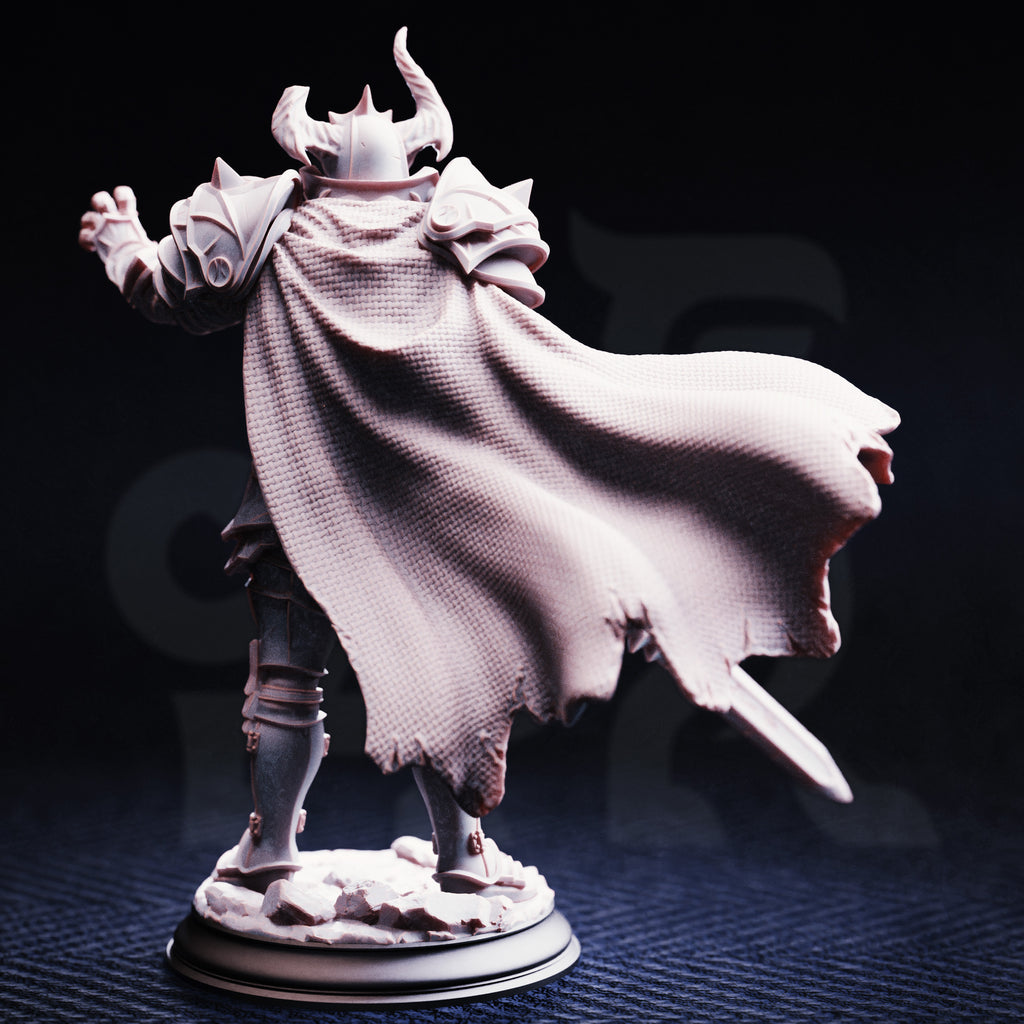Rear view of Vilnais the Ashen by DM Stash, a Forsaken Death Knight fantasy resin miniature with horned helmet, ornate armor, large sword, and flowing textured cape.