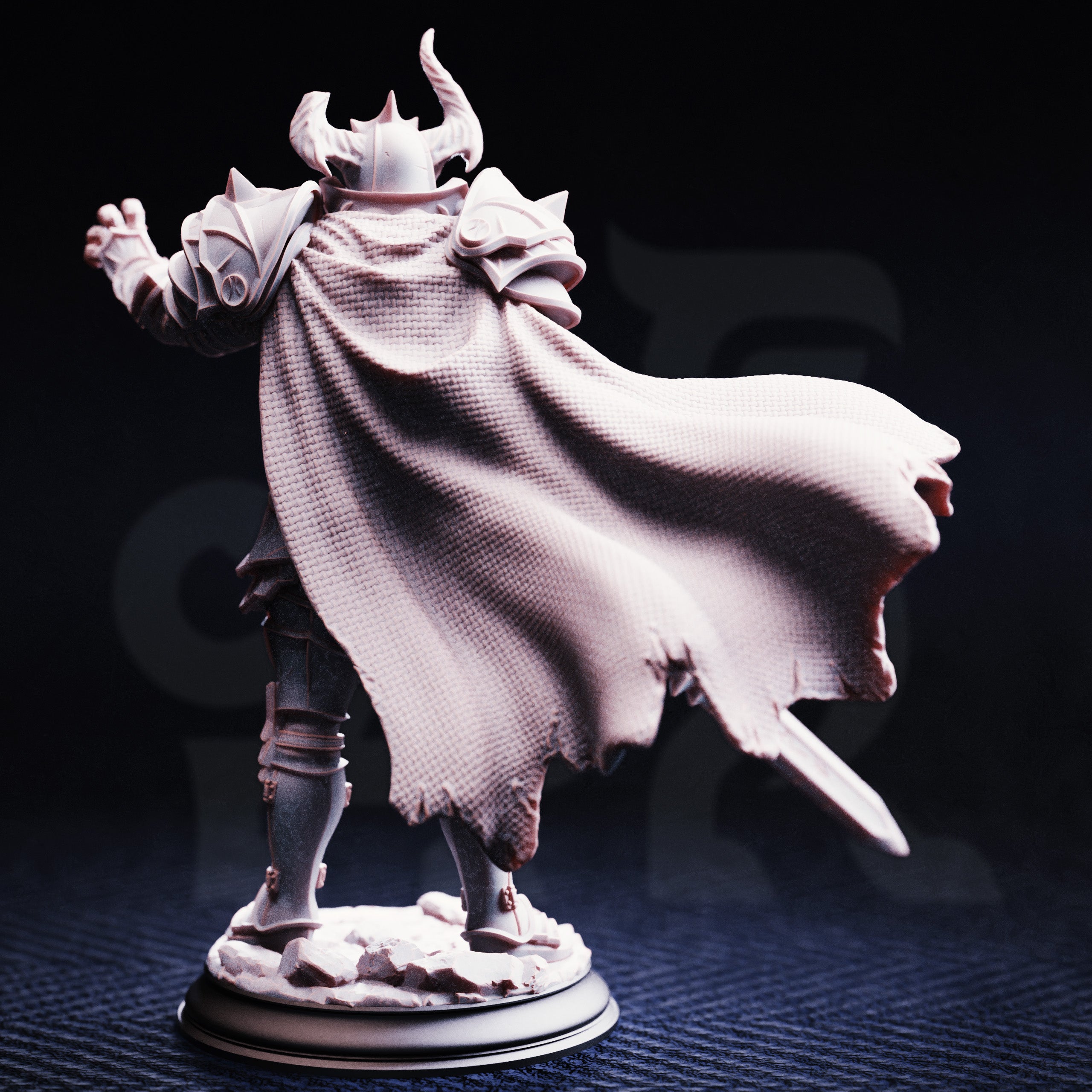 Rear view of Vilnais the Ashen by DM Stash, a Forsaken Death Knight fantasy resin miniature with horned helmet, ornate armor, large sword, and flowing textured cape.
