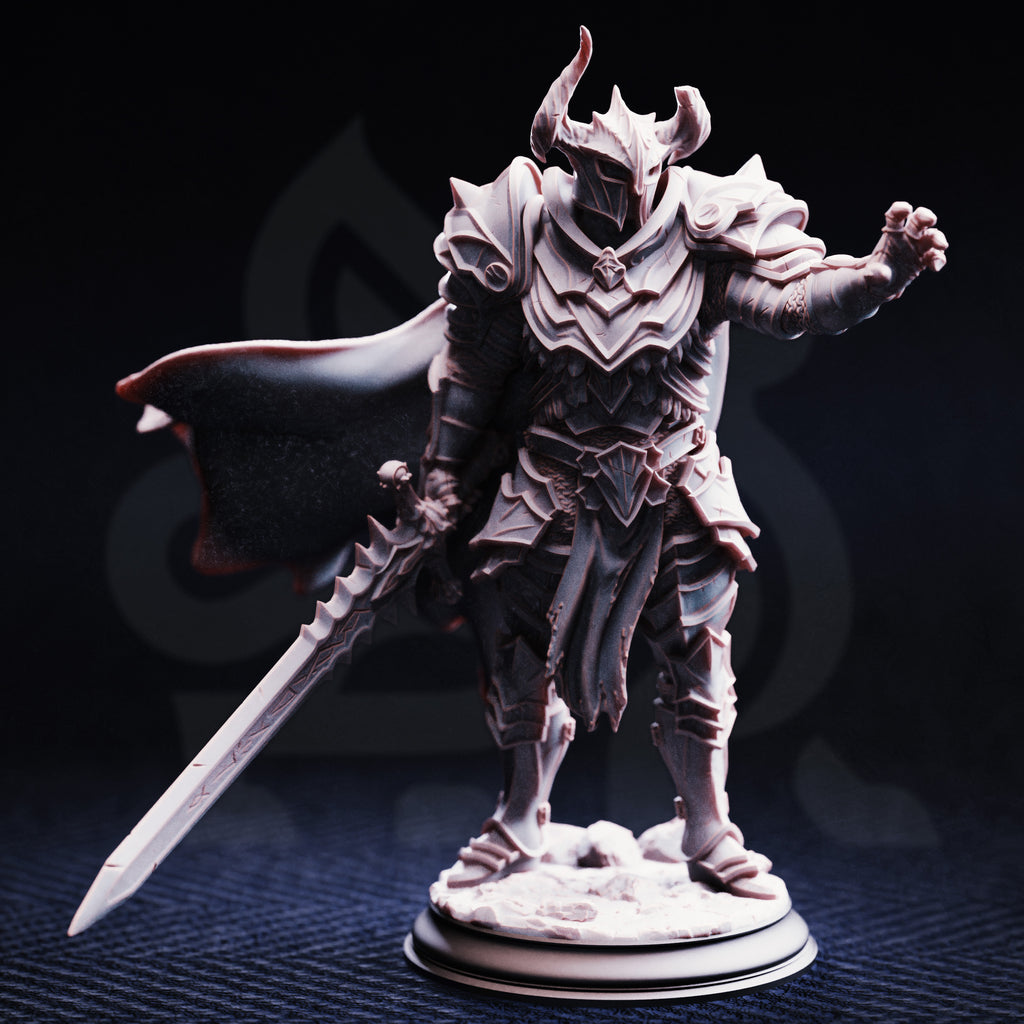Front view of Vilnais the Ashen by DM Stash, a dark fantasy Death Knight miniature with horned helm, heavy armor, sweeping cape, extended hand, and massive sword.