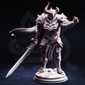 Front view of Vilnais the Ashen by DM Stash, a dark fantasy Death Knight miniature with horned helm, heavy armor, sweeping cape, extended hand, and massive sword.
