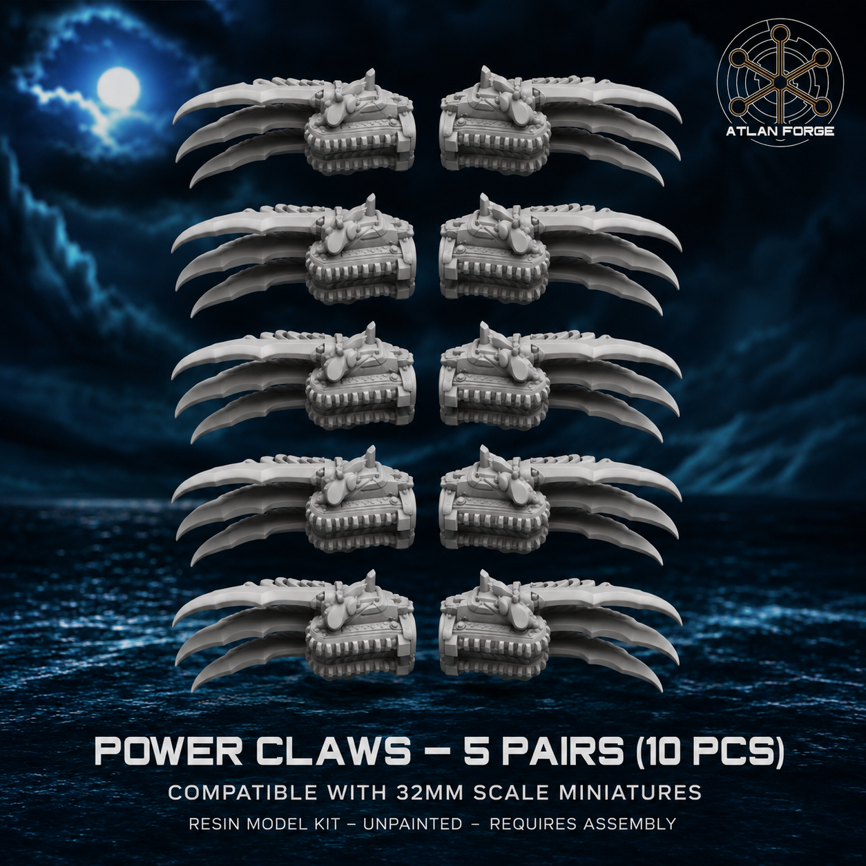Ten oceanic power claw resin bits by Atlan Forge, shown as five matching pairs for 32mm-scale sci-fi miniature conversions.