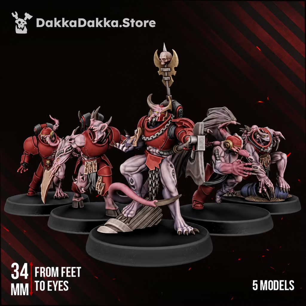 The Vortex-Blessed Squad by DakkaDakka, showing five 34mm corrupted sci-fi warriors with mutated features, ritual armor, and brutal weapons.