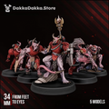 The Vortex-Blessed Squad by DakkaDakka, showing five 34mm corrupted sci-fi warriors with mutated features, ritual armor, and brutal weapons.