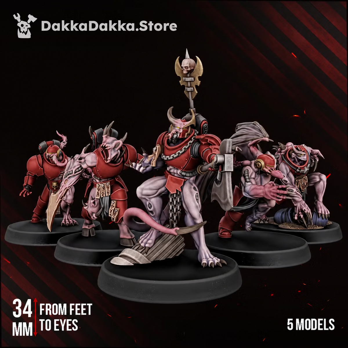 The Vortex-Blessed Squad by DakkaDakka, showing five 34mm corrupted sci-fi warriors with mutated features, ritual armor, and brutal weapons.