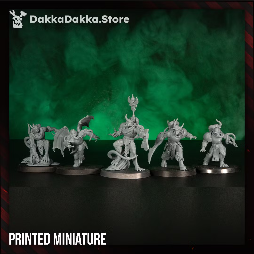 Unpainted resin print of The Vortex-Blessed Squad, showing all five corrupted sci-fi miniatures before priming and paint.