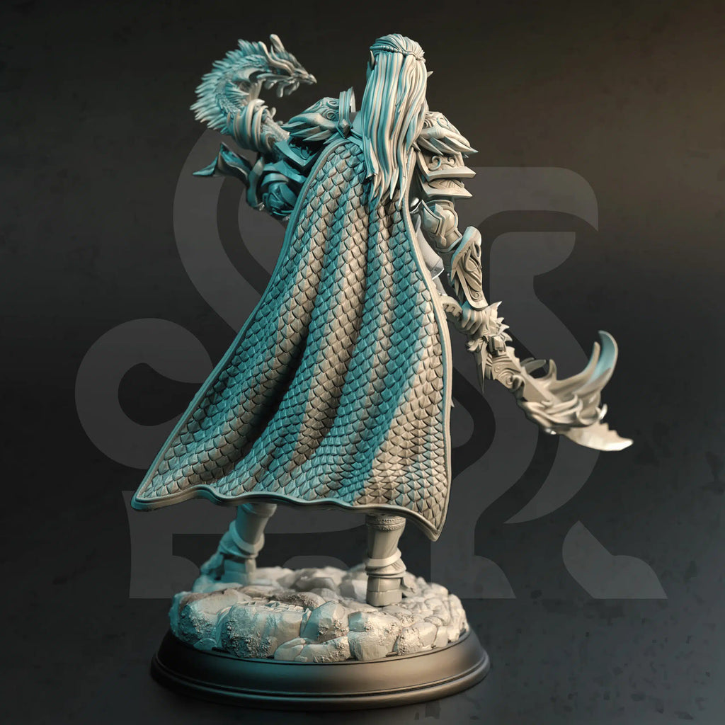 Rear view of Vyndira Spellblade of Wrath elf miniature by DM Stash, showing armor, cloak, sword, and arcane warrior sculpt details.
