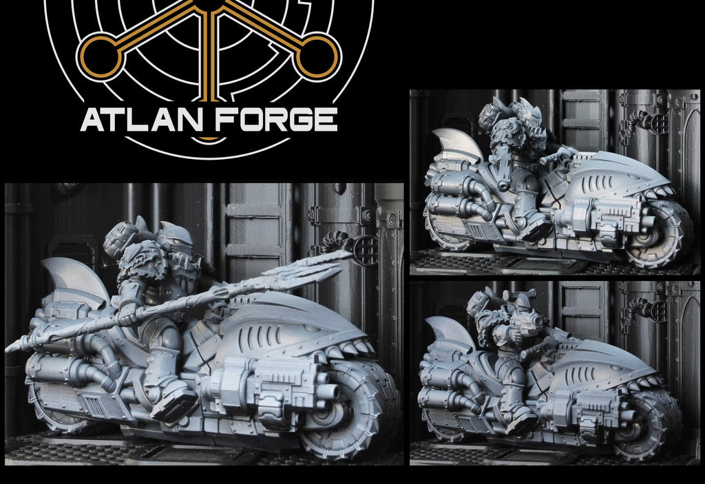 Printed Wai Toa Biker configurations with power trident, firearm, and motorcycle-riding poses