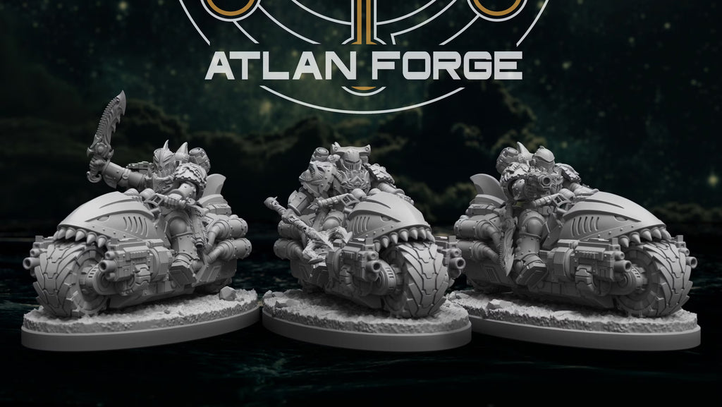 Three Wai Toa Bikers by Atlan Forge riding shark-styled sci-fi motorcycles with guns, blades, and a power trident