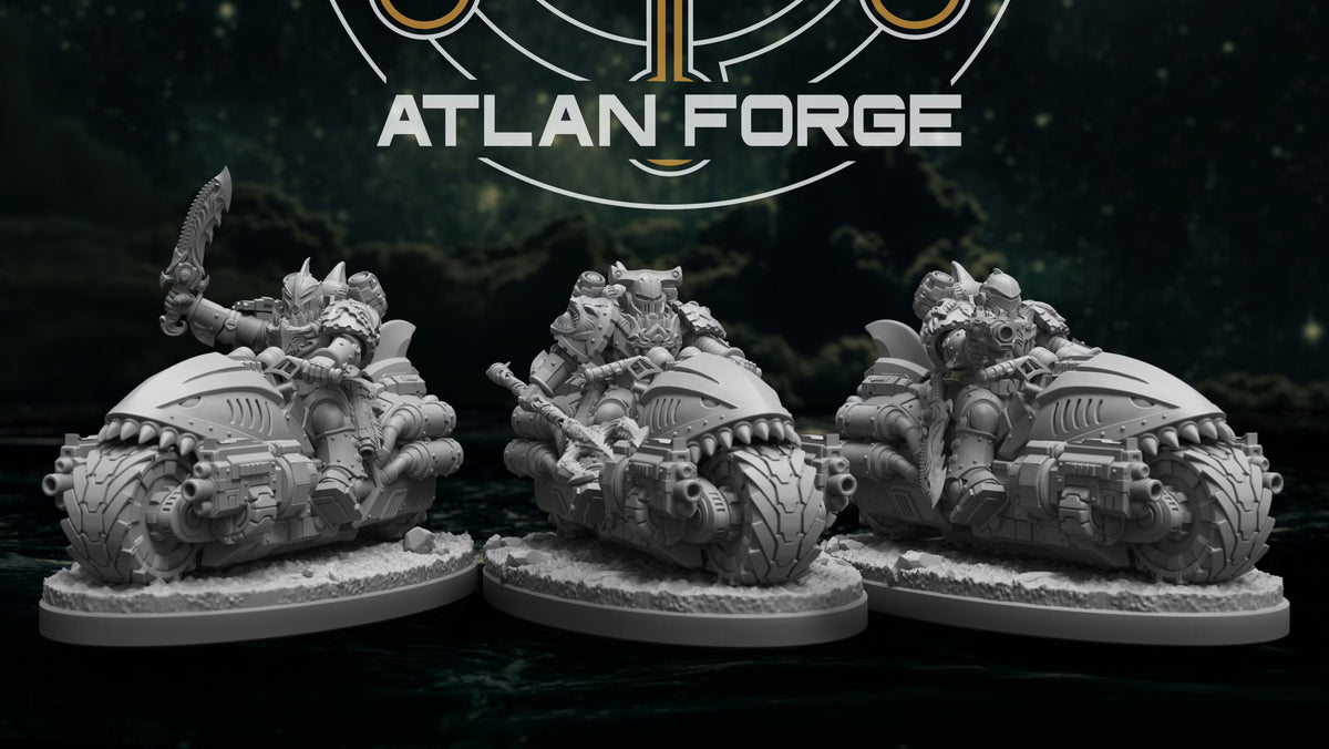 Three Wai Toa Bikers by Atlan Forge riding shark-styled sci-fi motorcycles with guns, blades, and a power trident