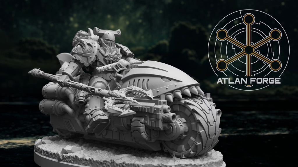 Wai Toa Biker carrying an ornate power trident on a shark-armored combat motorcycle with mounted guns