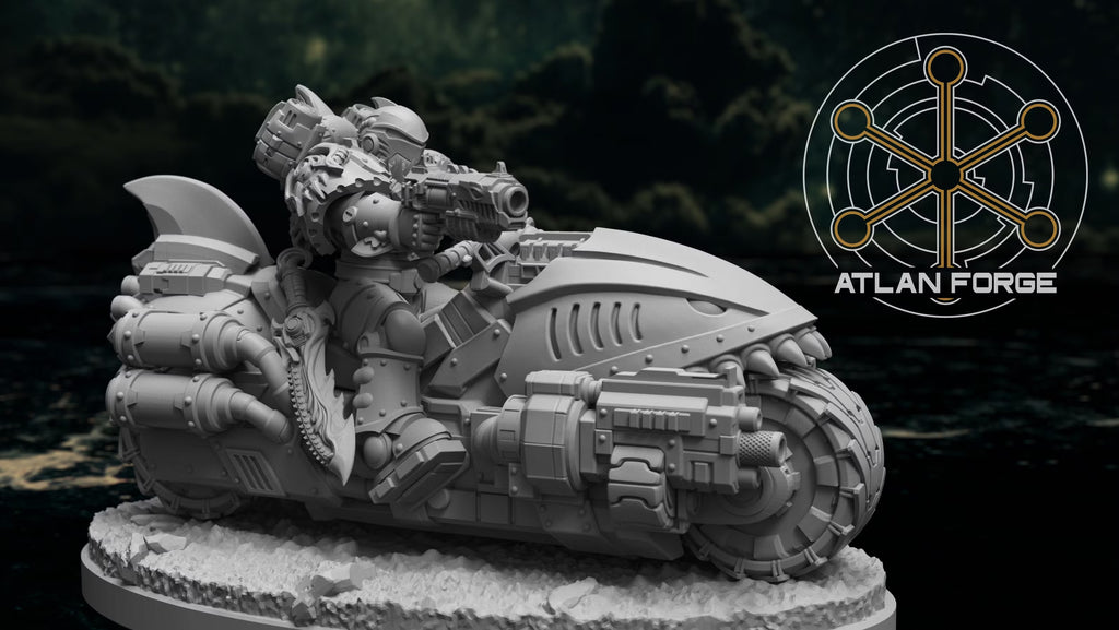 Wai Toa Biker aiming a heavy sci-fi firearm while riding an oceanic armored motorcycle