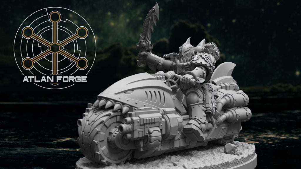 Wai Toa Biker raising a chain-edged blade while riding a shark-styled motorcycle with mounted guns