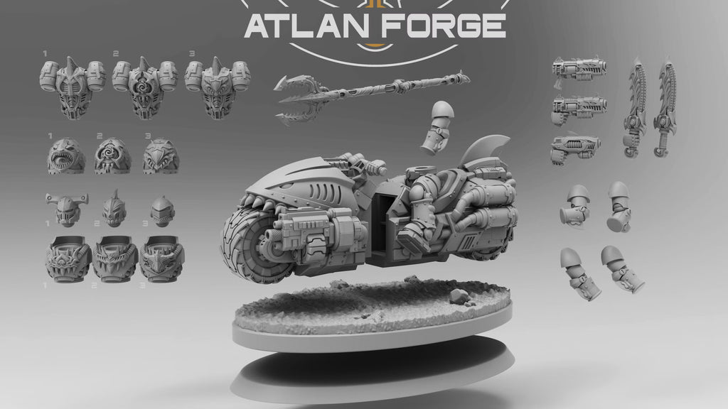 Wai Toa Bikers component layout with shark-styled motorcycle, three helmets, torsos, backpacks, shoulder armor, guns, blades, trident, and oval base