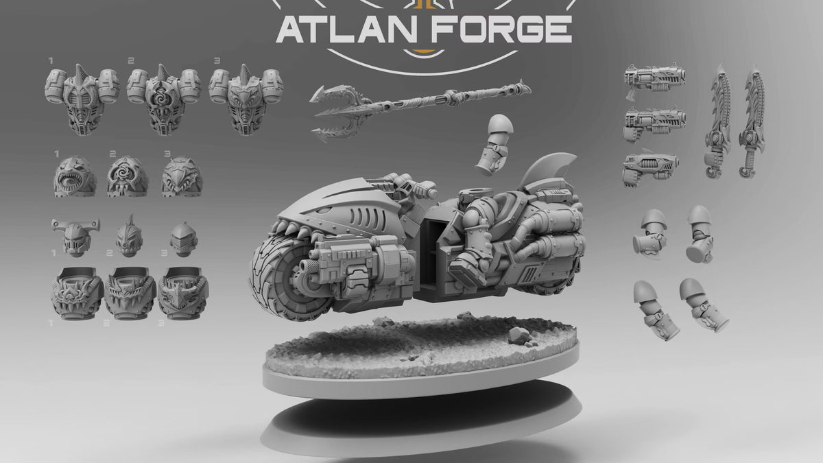 Wai Toa Bikers component layout with shark-styled motorcycle, three helmets, torsos, backpacks, shoulder armor, guns, blades, trident, and oval base