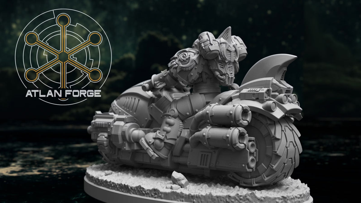 Rear view of a Wai Toa Biker showing the armored backpack, motorcycle exhausts, engine details, and textured base