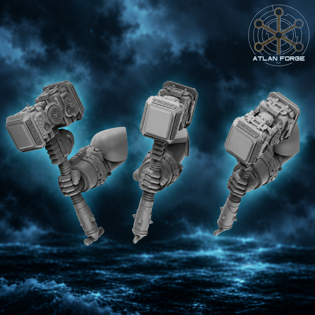 Five Wai Toa sci-fi hammer arms, randomly selected from three Atlan Forge designs. For problems that somehow survived the first, smaller hammer.