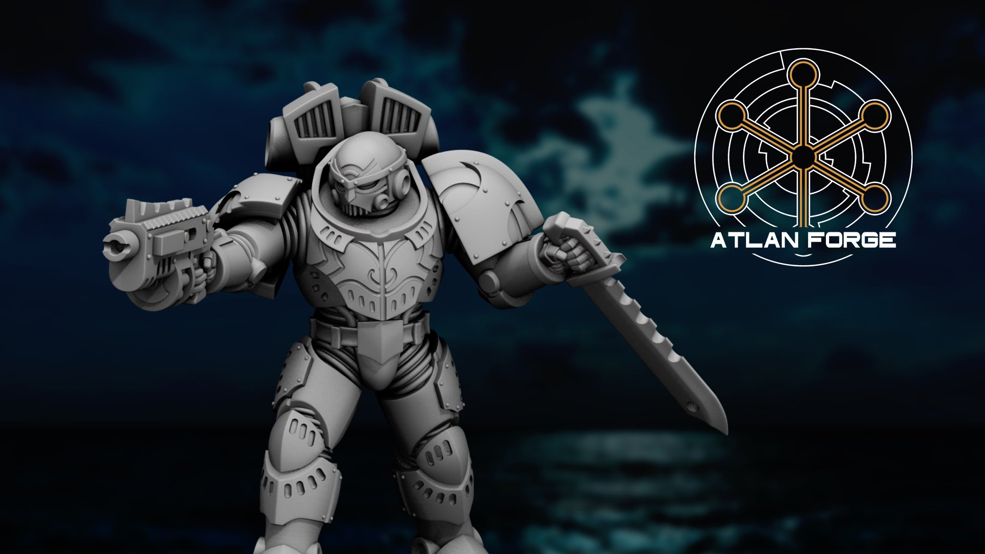 Close-up render of a Wai Toa Kaikino miniature by Atlan Forge showing shark-inspired armor, rifle, blade, backpack, helmet, and oceanic sci-fi details.