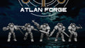 Five Wai Toa Kaikino sci-fi resin miniatures by Atlan Forge, shown as an oceanic armored squad with shark-inspired helmets, rifles, blades, and round bases.